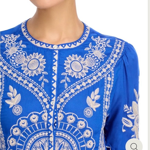 Johnny Was Brynlee Scallop Sleeve Embroidered Blue Women's Blouse - Picture 4 of 10